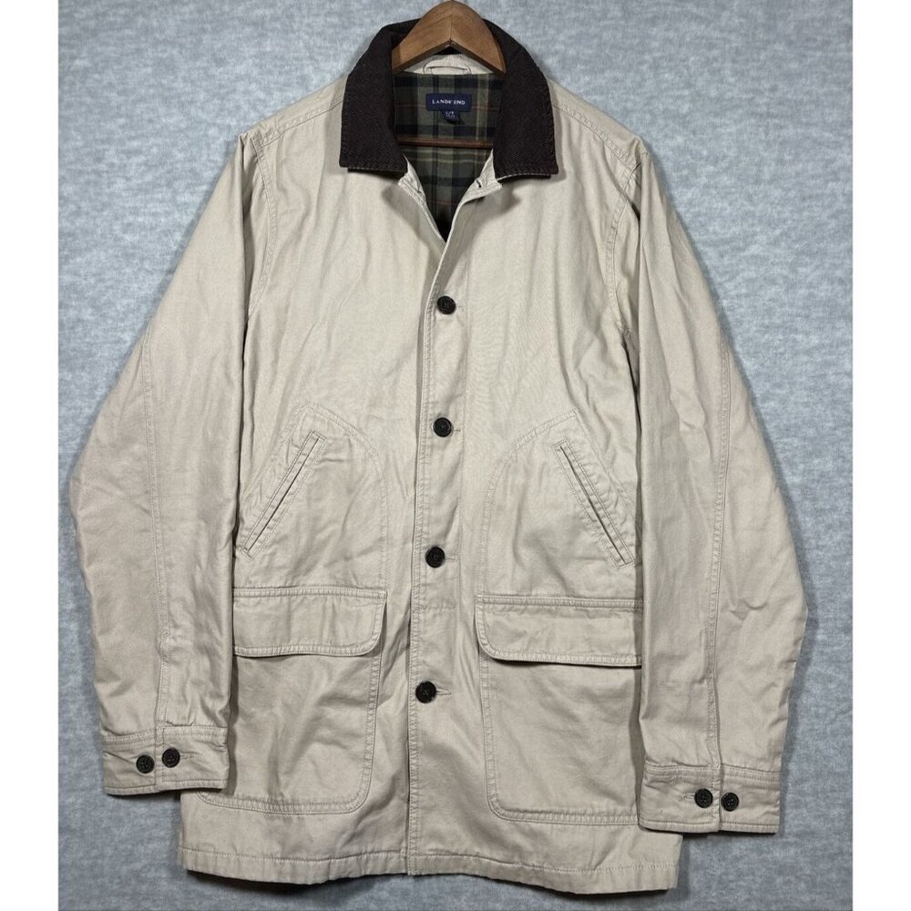 Lands' End Beige Barn Jacket/Chore Coat with Brown Collar